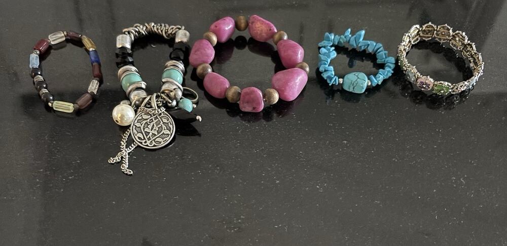 5 Pc Bracelet Lot Beaded Turquoise Color Pink Stone Floral Enamel Charm Boho